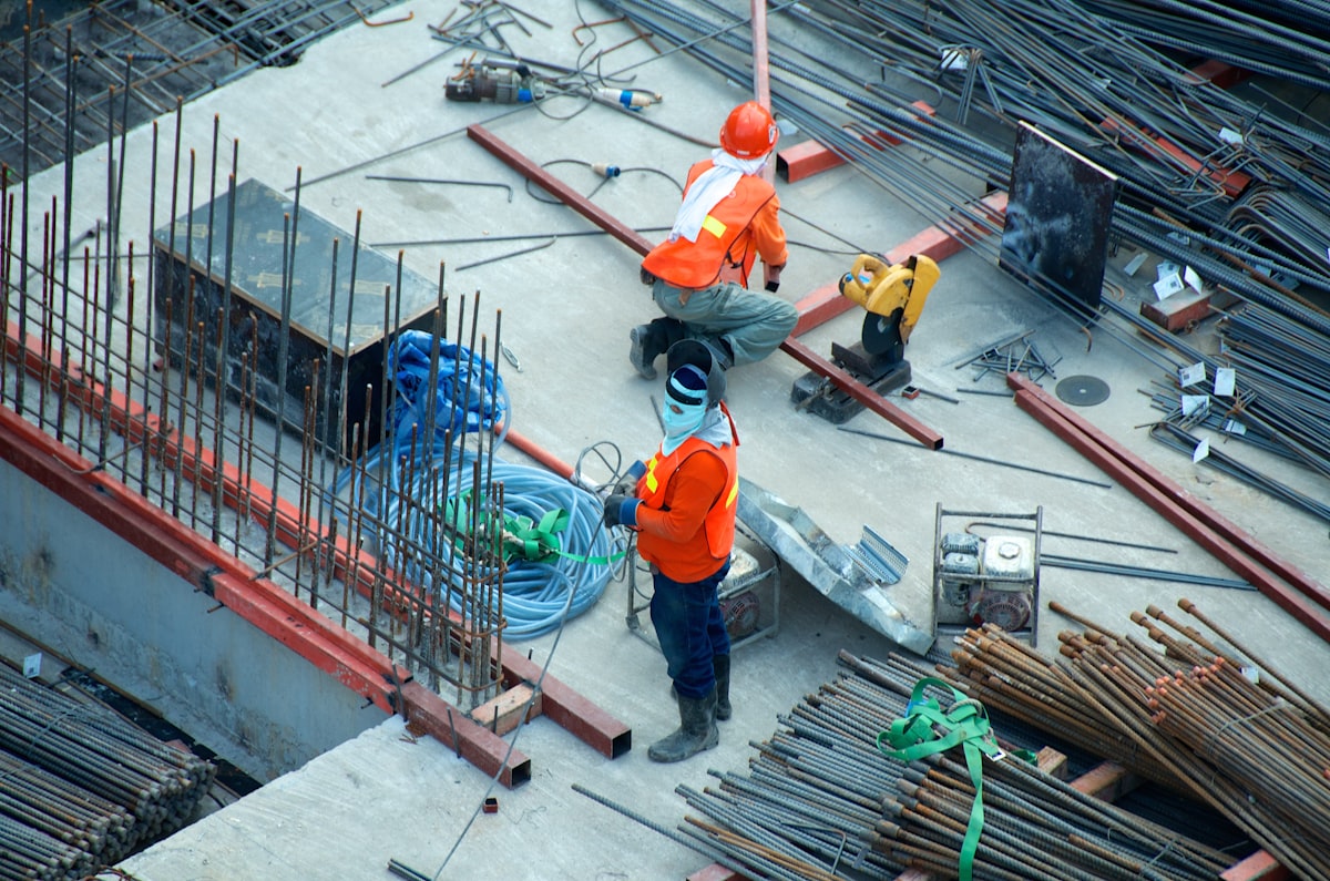 Construction materials stored in a warehouse setting